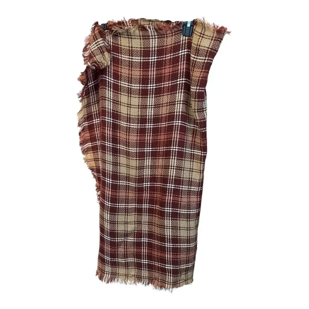 NWT Treasure & Bond Square Maroon Red & Brown Plaid Fringed Blanket Scarf OS